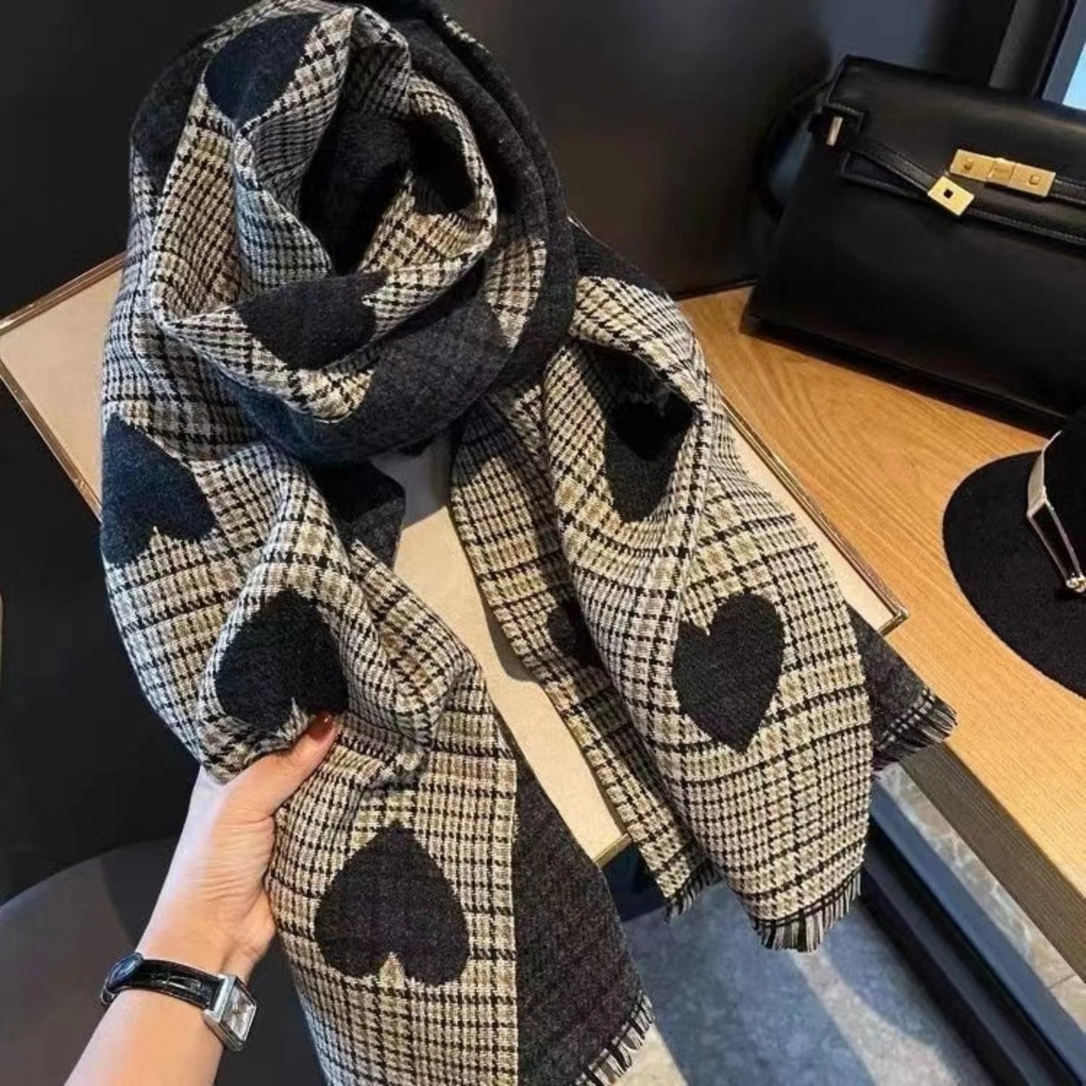 Women's knit plaid mickey mouse scarf with fringed ends – Big Heart Black