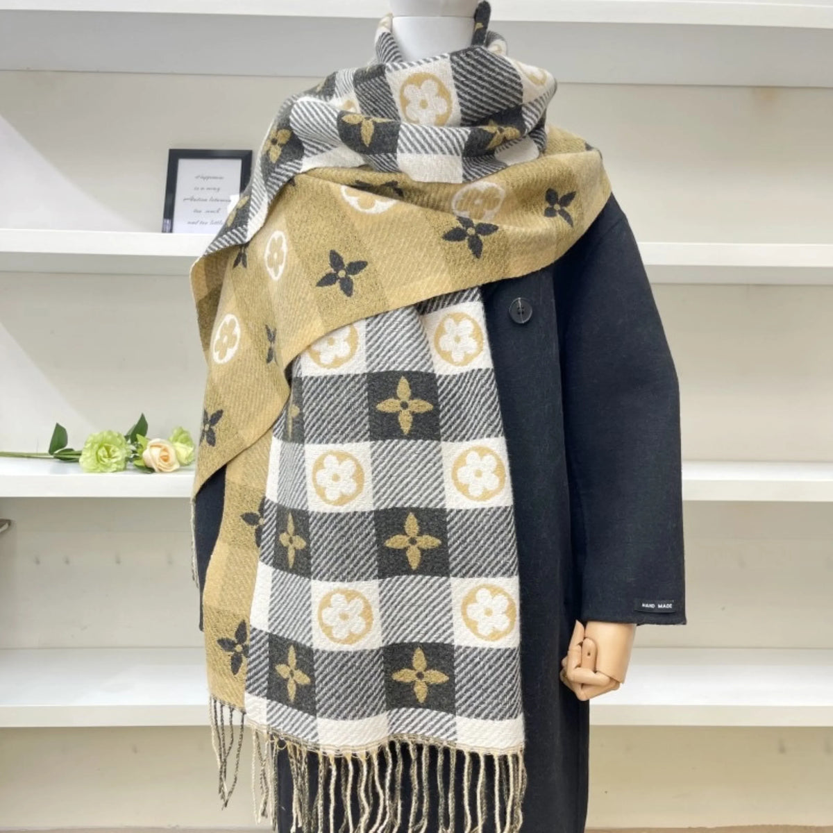 Women's knit plaid mickey mouse scarf with fringed ends – Four-leaf Black