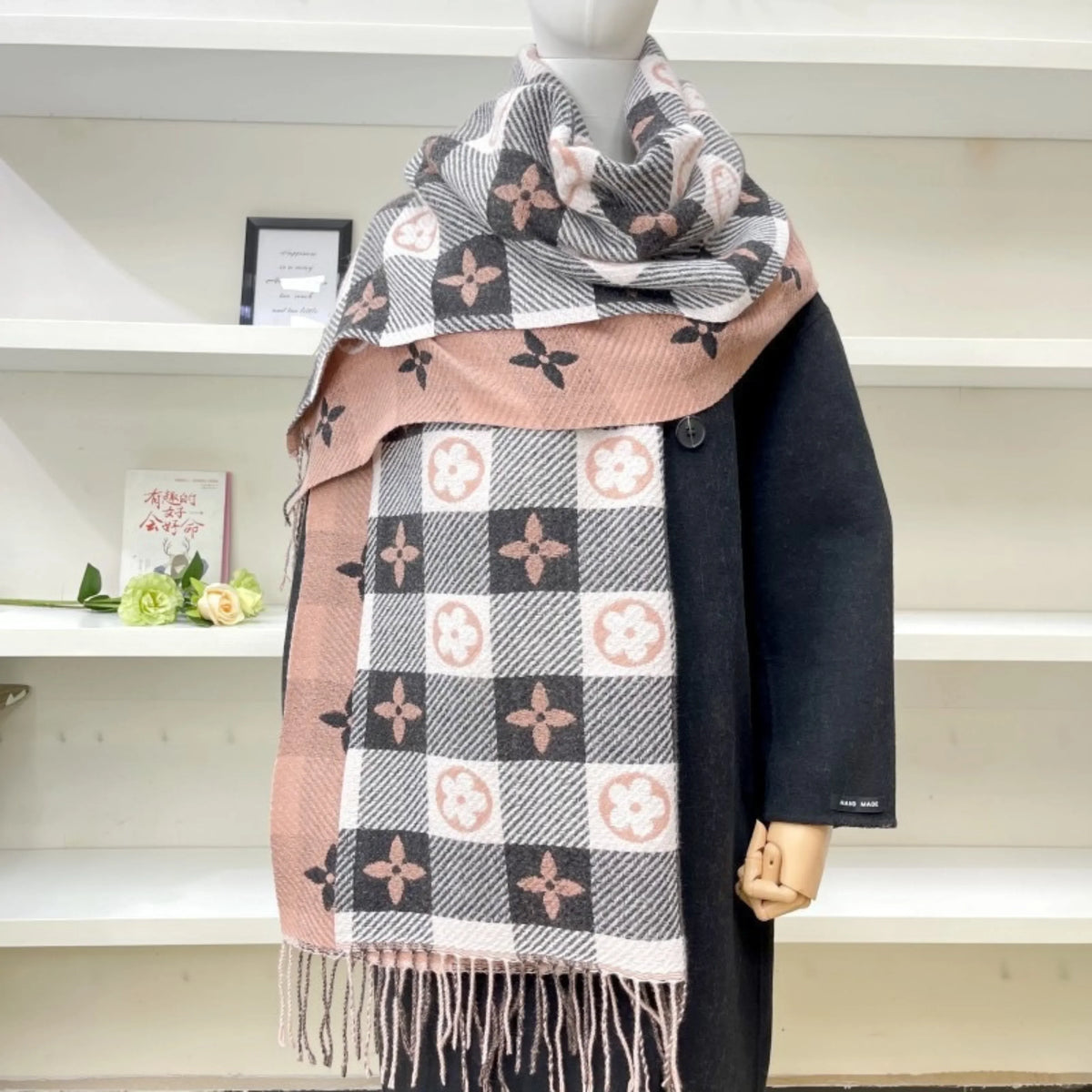 Women's knit plaid mickey mouse scarf with fringed ends – Four-leaf Grey