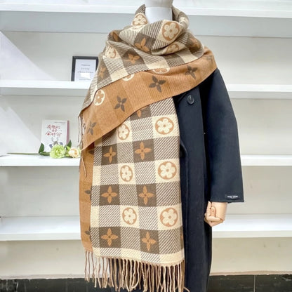 Women's knit plaid mickey mouse scarf with fringed ends – Four-leaf khaki