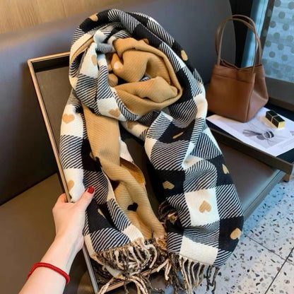 Women's knit plaid mickey mouse scarf with fringed ends – Heart Black
