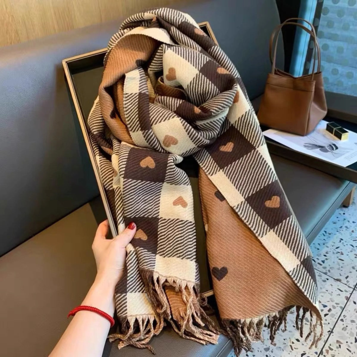 Women's knit plaid mickey mouse scarf with fringed ends – Heart Khaki