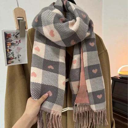 Women's knit plaid mickey mouse scarf with fringed ends – Heart Pink