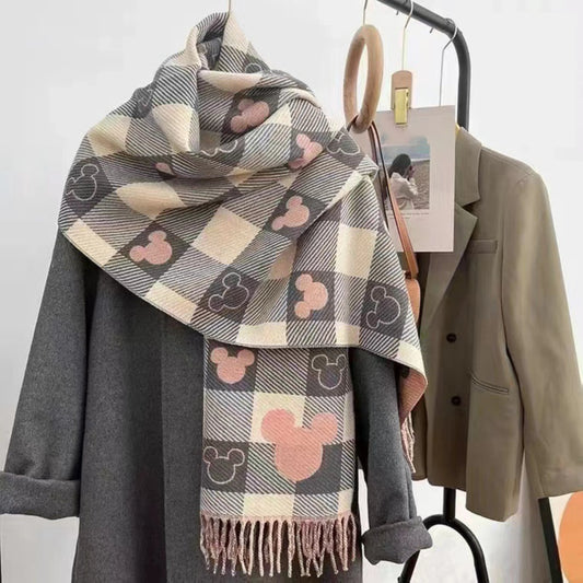 Women's knit plaid mickey mouse scarf with fringed ends – Mickey Grey