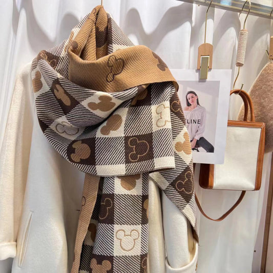 Women's knit plaid mickey mouse scarf with fringed ends – Mickey Khaki