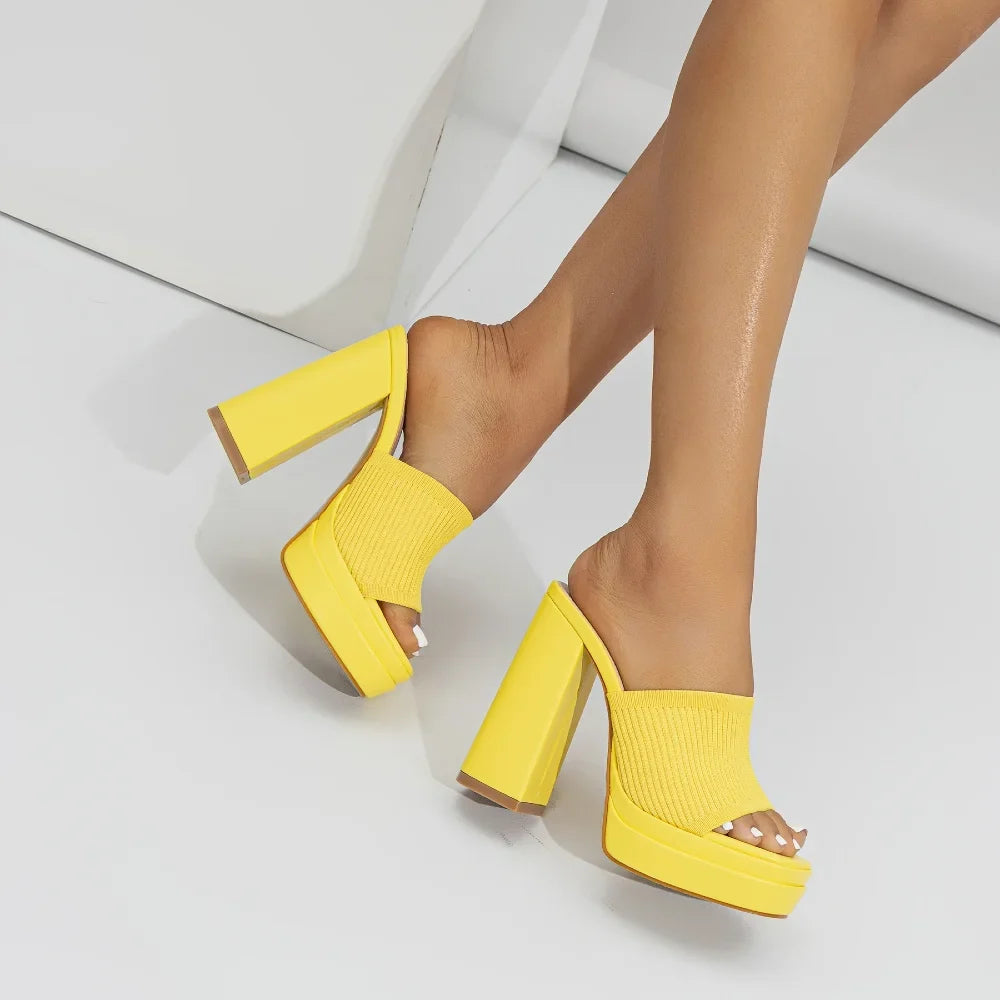 Women's knit platform sandals with open-toe chunky-heel
