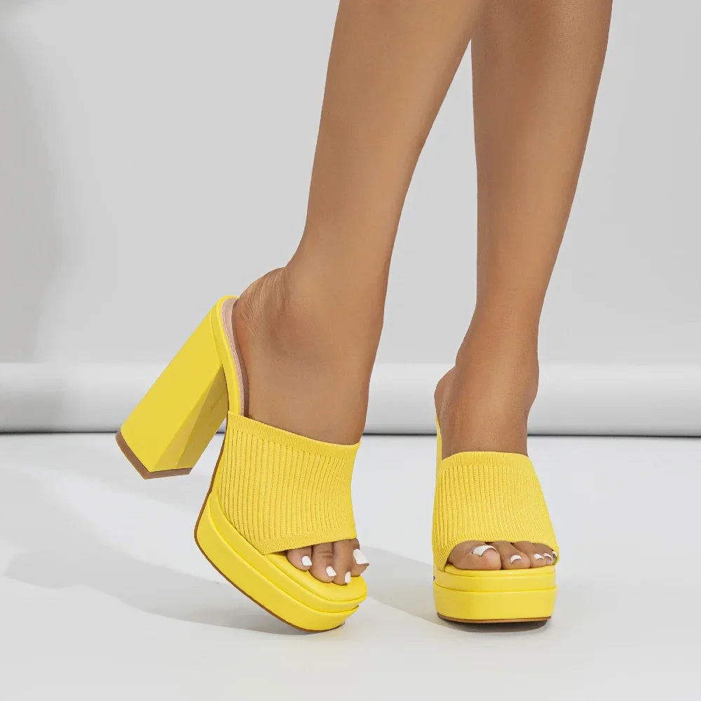 Women's knit platform sandals with open-toe chunky-heel – Yellow