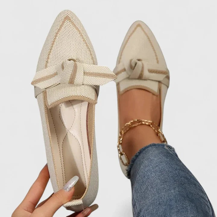 Women's knit pointed-toe slip-on flat loafers with knot detail – Beige