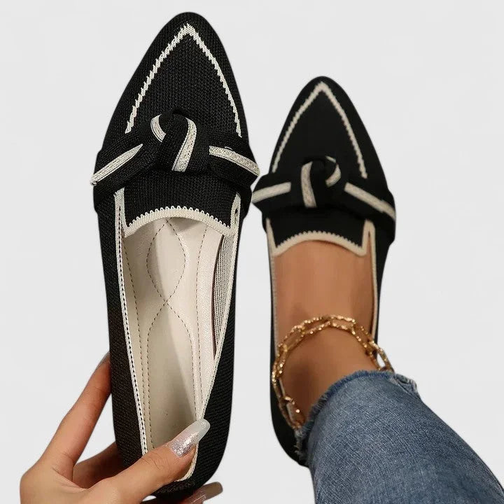 Women's knit pointed-toe slip-on flat loafers with knot detail – Black