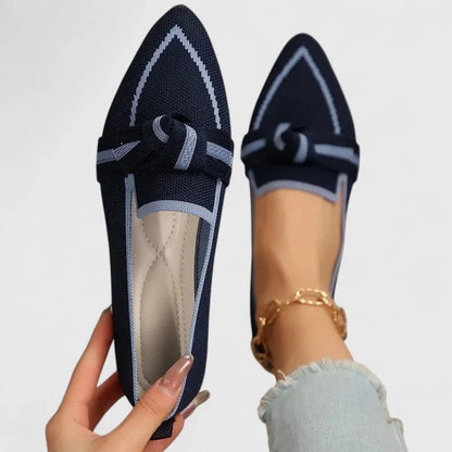 Women's knit pointed-toe slip-on flat loafers with knot detail – Dark Blue