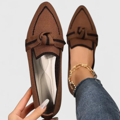 Women's knit pointed-toe slip-on flat loafers with knot detail – Khaki