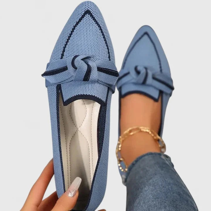 Women's knit pointed-toe slip-on flat loafers with knot detail – Light Blue
