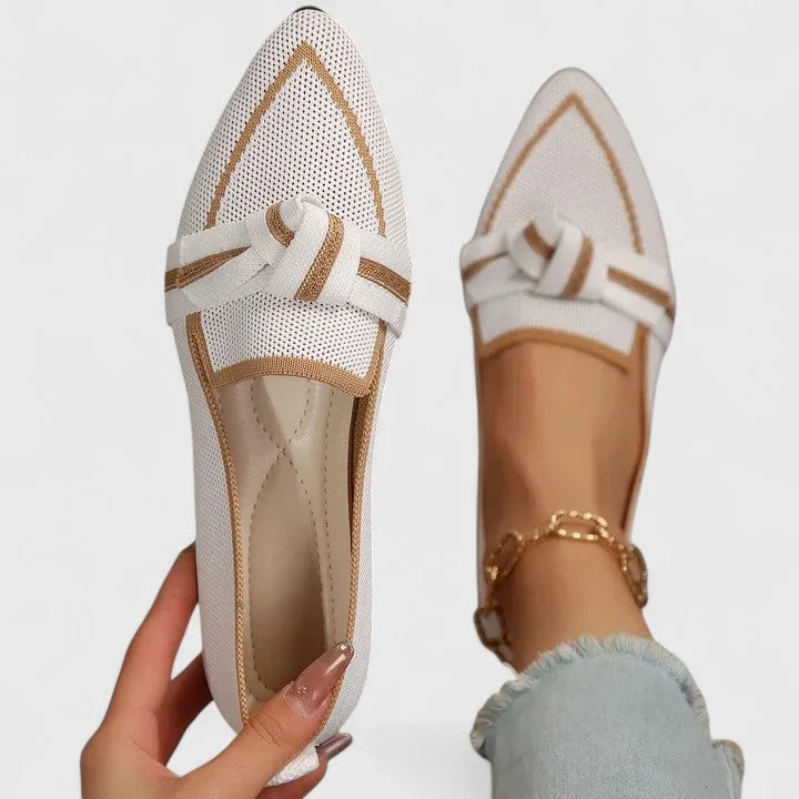 Women's knit pointed-toe slip-on flat loafers with knot detail – White