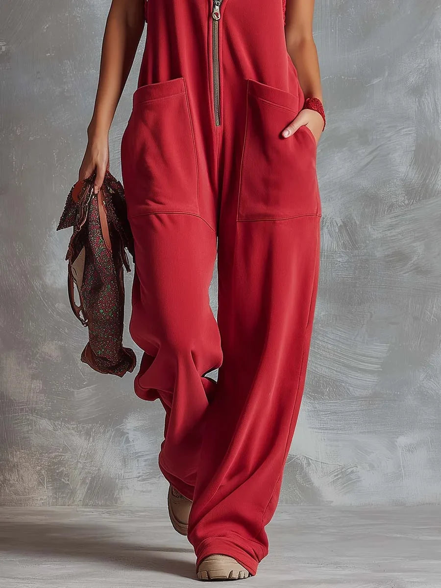 Women's knit hooded sleeveless jumpsuit women with zip front and pockets