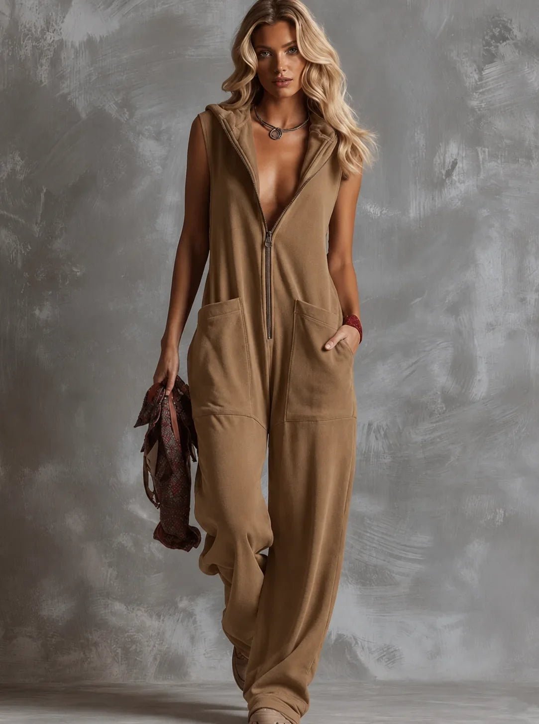 Women's knit hooded sleeveless jumpsuit women with zip front and pockets
