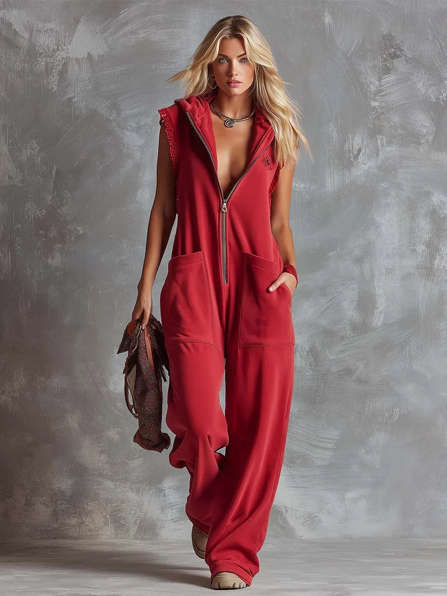Women's knit hooded sleeveless jumpsuit women with zip front and pockets