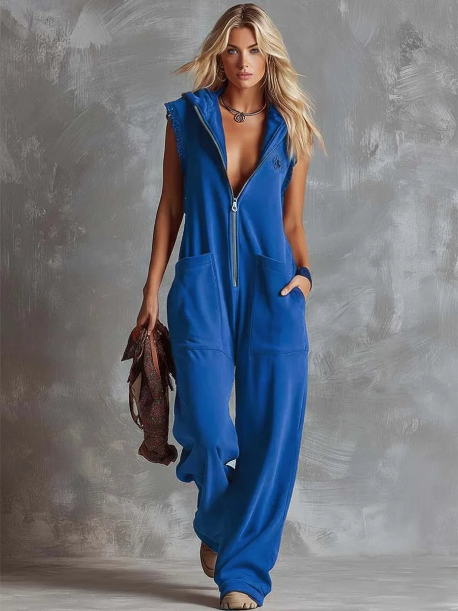 Women's knit hooded sleeveless jumpsuit women with zip front and pockets