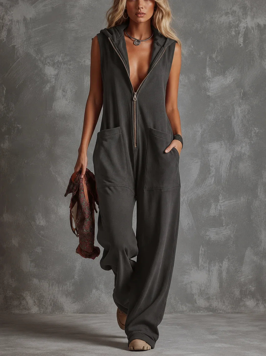 Women's knit hooded sleeveless jumpsuit women with zip front and pockets – Dark Grey