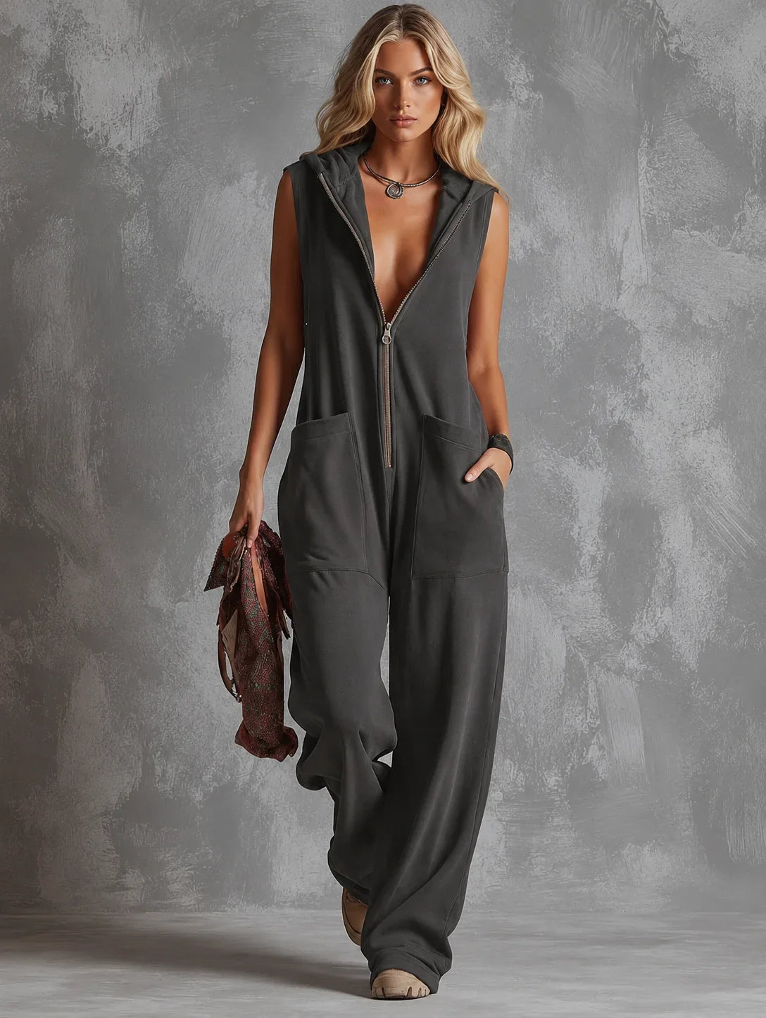 Women's knit hooded sleeveless jumpsuit women with zip front and pockets