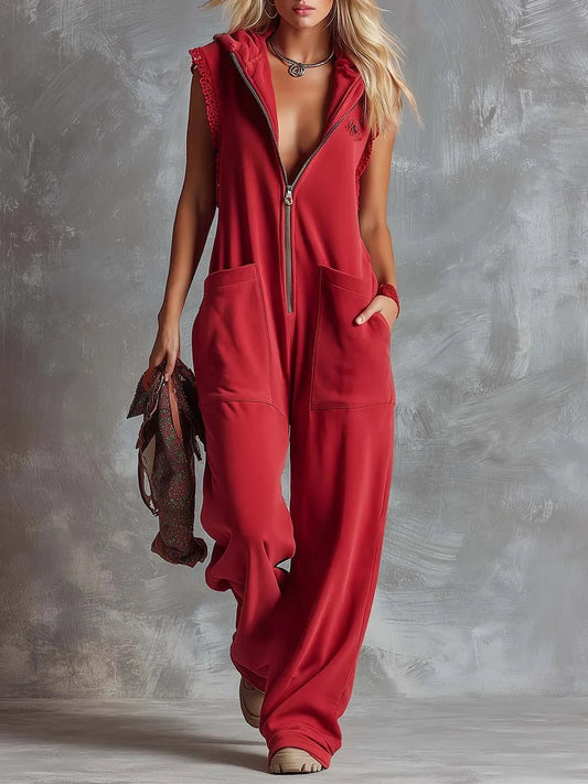 Women's knit hooded sleeveless jumpsuit women with zip front and pockets – Raspberry Red