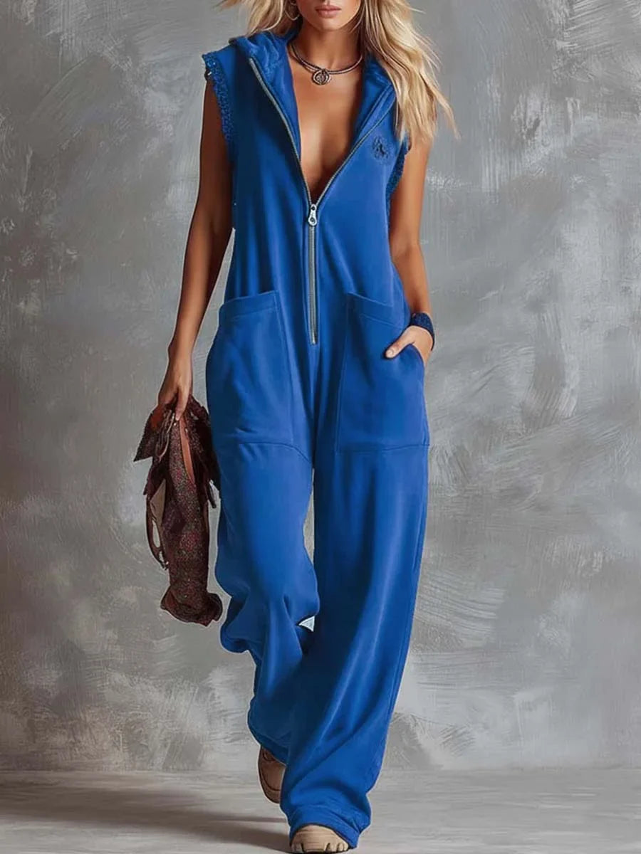 Women's knit hooded sleeveless jumpsuit women with zip front and pockets – Royal Blue