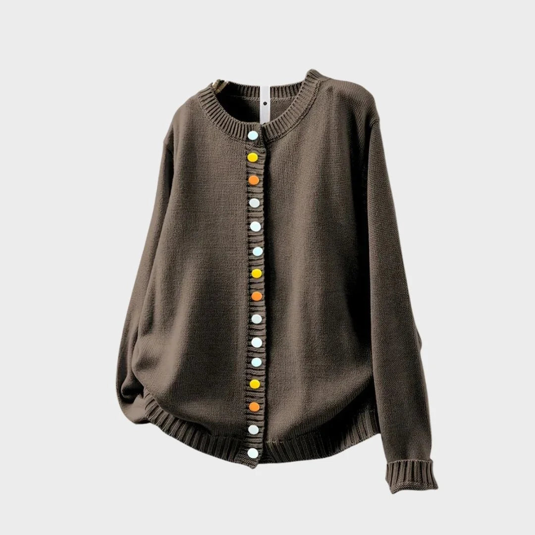 Women's knit relaxed-fit cardigan sweater with crewneck and multi-color button-front