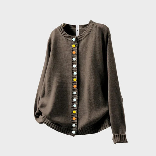 Women's knit relaxed-fit cardigan sweater with crewneck and multi-color button-front