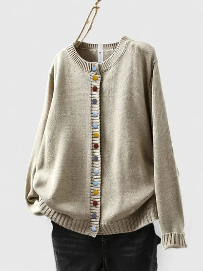 Women's knit relaxed-fit cardigan sweater with crewneck and multi-color button-front – Beige
