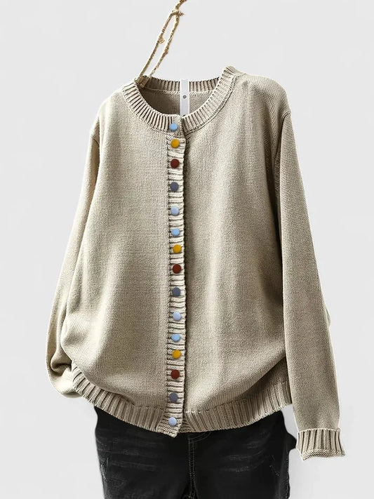Women's knit relaxed-fit cardigan sweater with crewneck and multi-color button-front – Beige