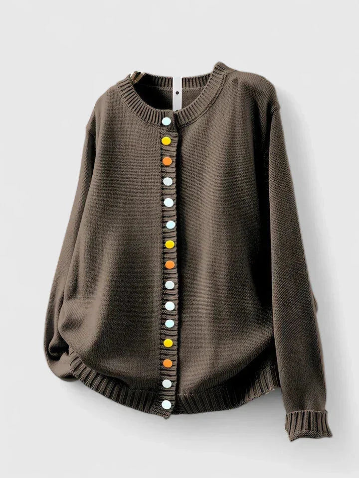Women's knit relaxed-fit cardigan sweater with crewneck and multi-color button-front – Brown