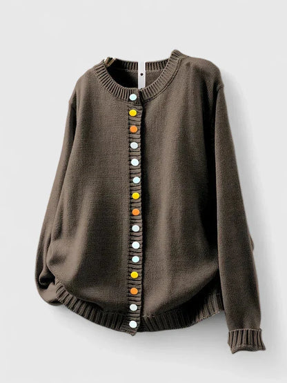 Women's knit relaxed-fit cardigan sweater with crewneck and multi-color button-front – Brown