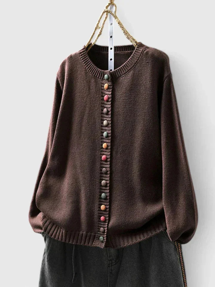 Women's knit relaxed-fit cardigan sweater with crewneck and multi-color button-front – Dark Brown