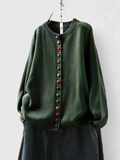Women's knit relaxed-fit cardigan sweater with crewneck and multi-color button-front – Green