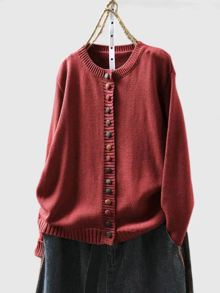 Women's knit relaxed-fit cardigan sweater with crewneck and multi-color button-front – Red