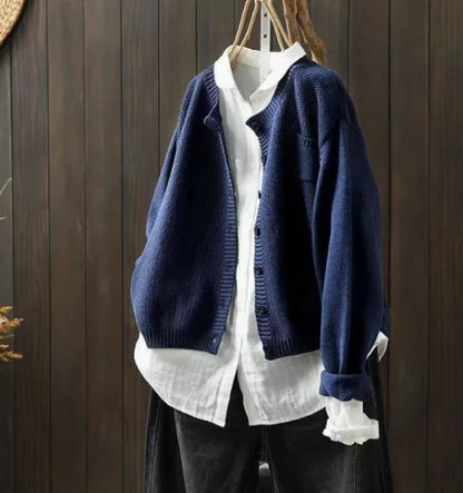 Women's knit relaxed fit crew neck cardigan sweater with button front and chest pocket – Dark Blue