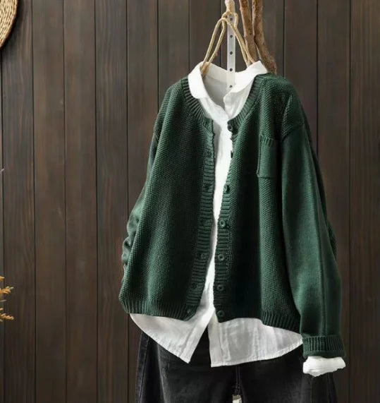 Women's knit relaxed fit crew neck cardigan sweater with button front and chest pocket – Green
