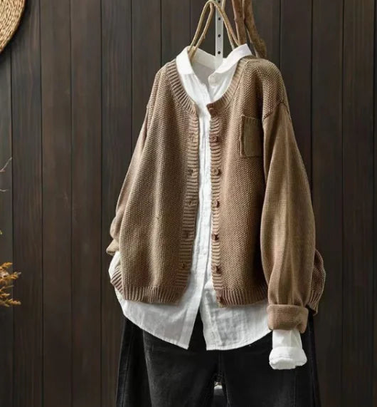 Women's knit relaxed fit crew neck cardigan sweater with button front and chest pocket – Khaki
