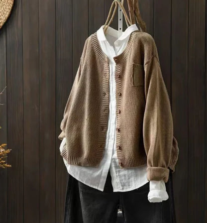 Women's knit relaxed fit crew neck cardigan sweater with button front and chest pocket – Khaki