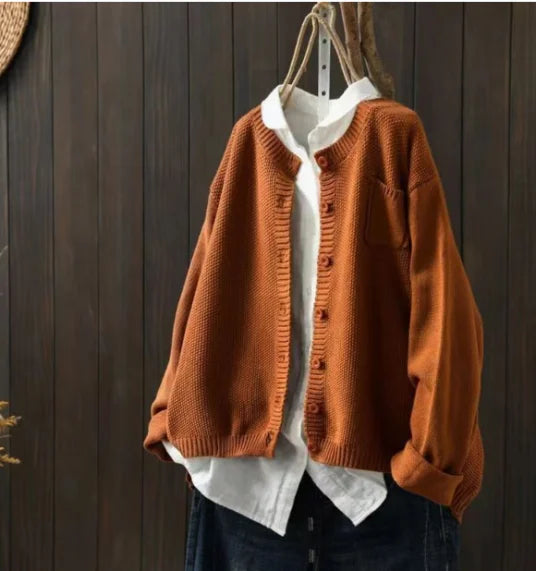 Women's knit relaxed fit crew neck cardigan sweater with button front and chest pocket – Light Brown