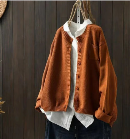 Women's knit relaxed fit crew neck cardigan sweater with button front and chest pocket – Light Brown