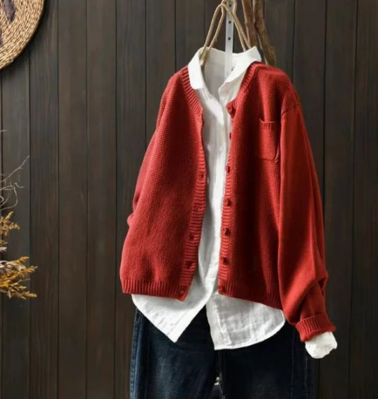 Women's knit relaxed fit crew neck cardigan sweater with button front and chest pocket – Red