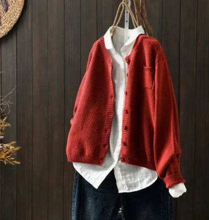 Women's knit relaxed fit crew neck cardigan sweater with button front and chest pocket – Red