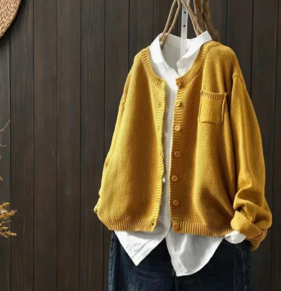 Women's knit relaxed fit crew neck cardigan sweater with button front and chest pocket – Yellow