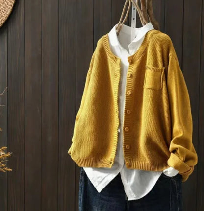 Women's knit relaxed fit crew neck cardigan sweater with button front and chest pocket – Yellow