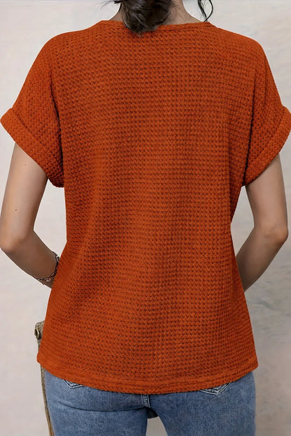 Women's knit short-sleeve top with round-neck and crochet yoke detail