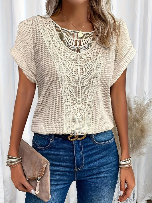 Women's knit short-sleeve top with round-neck and crochet yoke detail – Beige