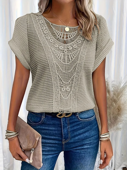 Women's knit short-sleeve top with round-neck and crochet yoke detail