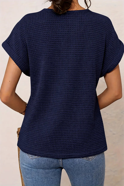 Women's knit short-sleeve top with round-neck and crochet yoke detail