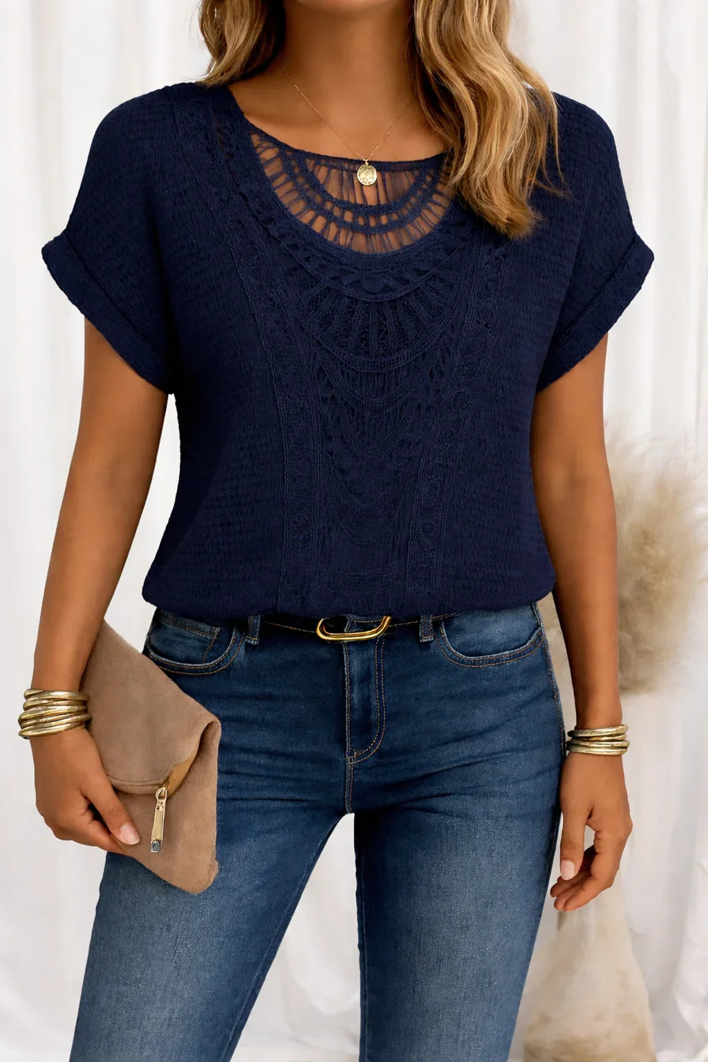 Women's knit short-sleeve top with round-neck and crochet yoke detail – Navy Blue