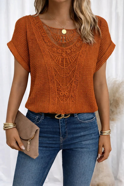 Women's knit short-sleeve top with round-neck and crochet yoke detail – Orange